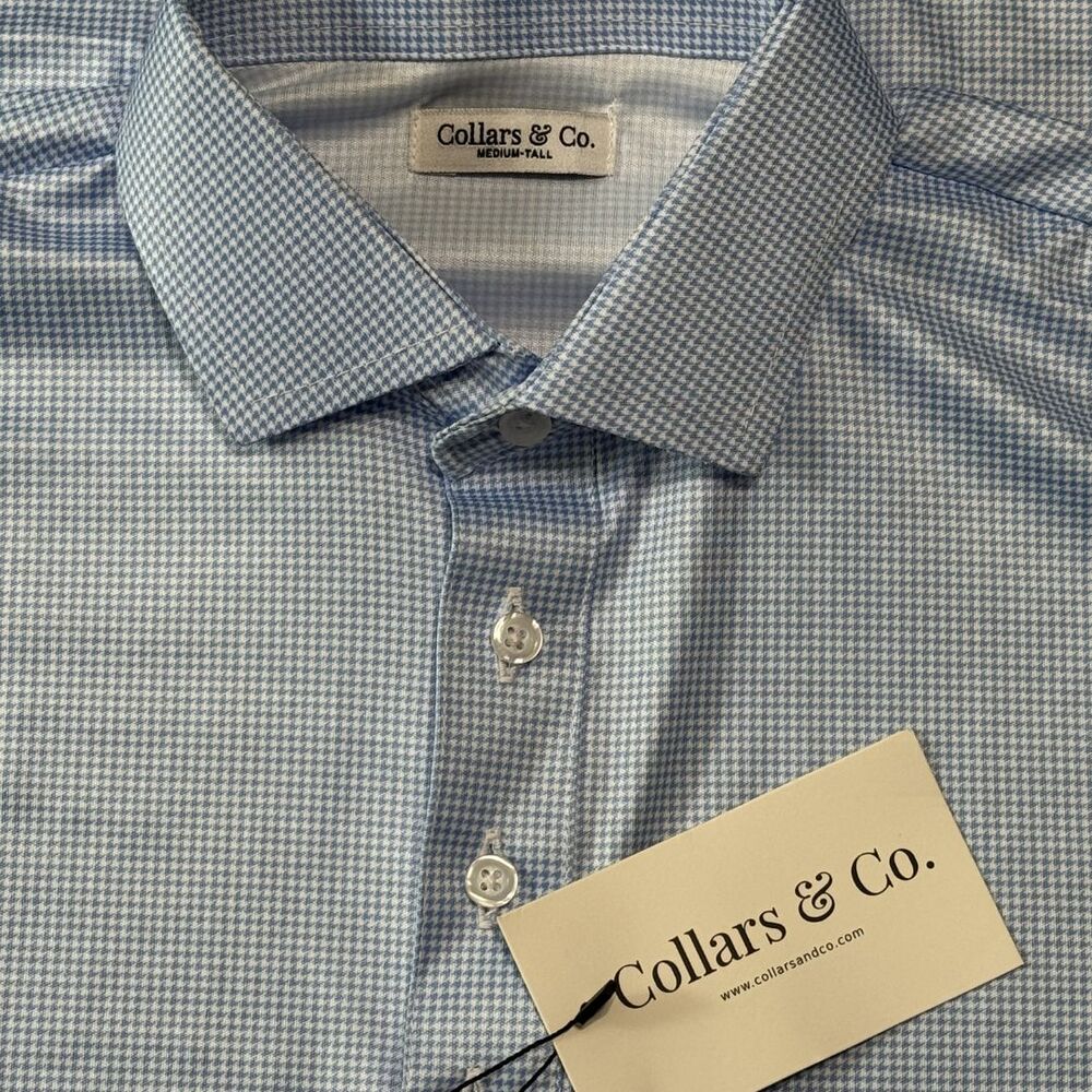 Collars & Co Mens Medium Tall Blue Houndstooth Performance Polo NWT